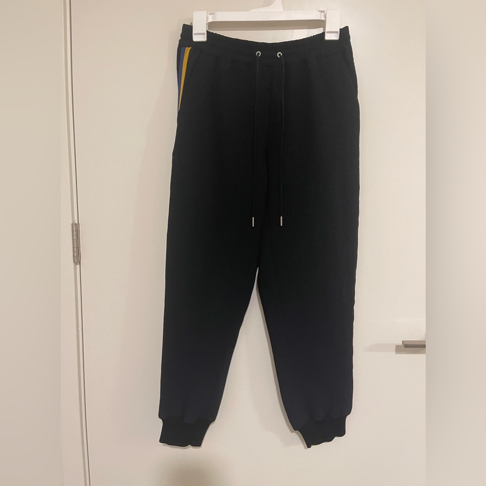 Size small Wilfred Aritzia black crepe like joggers with yellow/blue side stripe